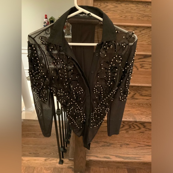 Boutique Paris Beaded Sequin Black Sheer Long Sleeve Body Suit Size Medium/Large - Picture 3 of 16
